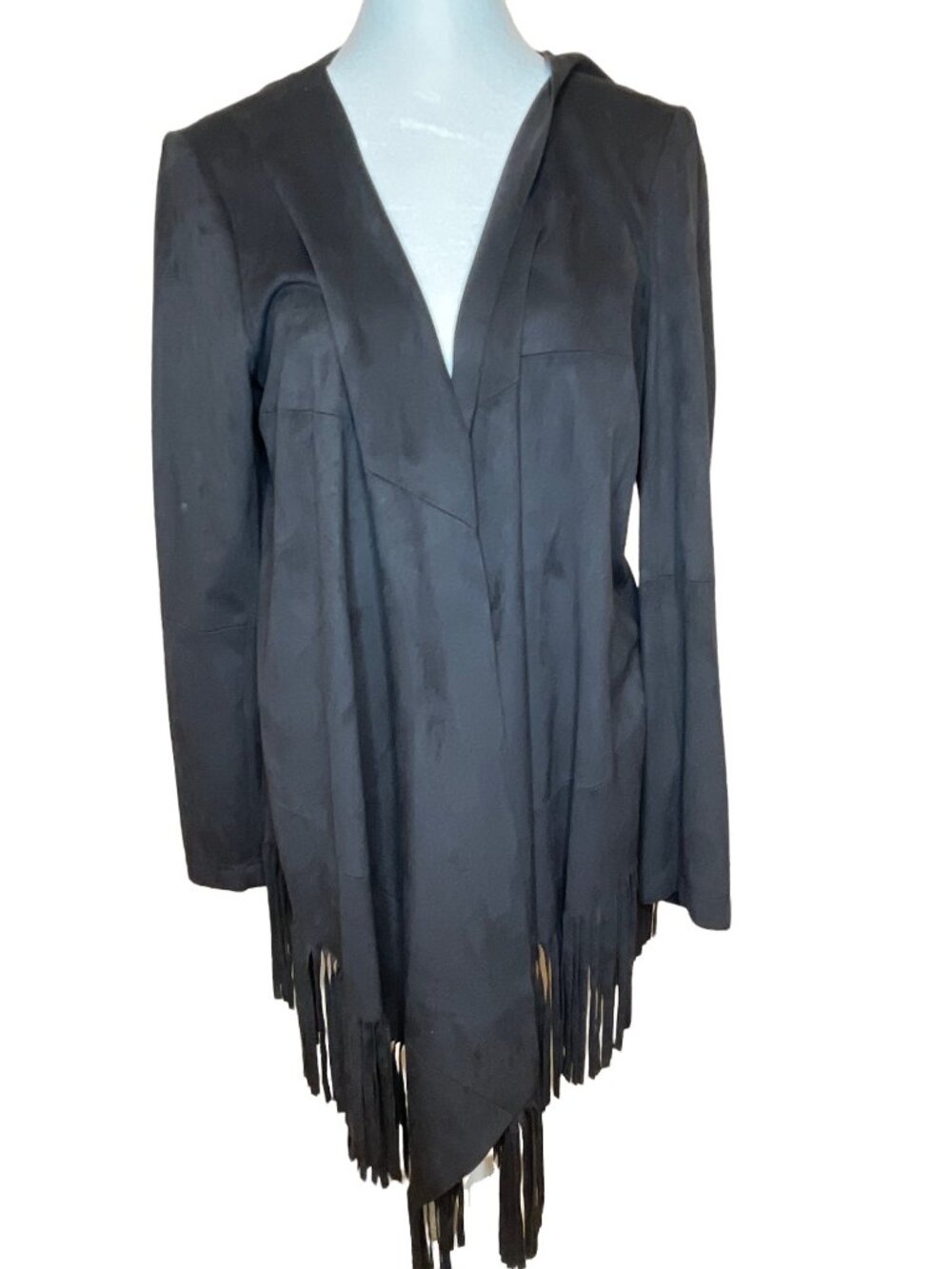 Zara Basic Medium Black Suede Fringe Open Front Lightweight Long Sleeve Jacket